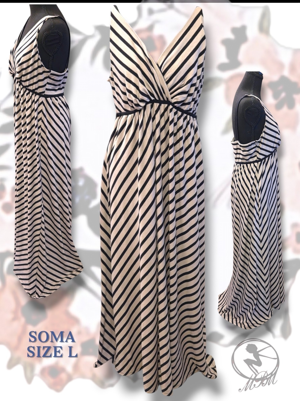 Soma Black & Cream Striped V-Neck Maxi Dress
